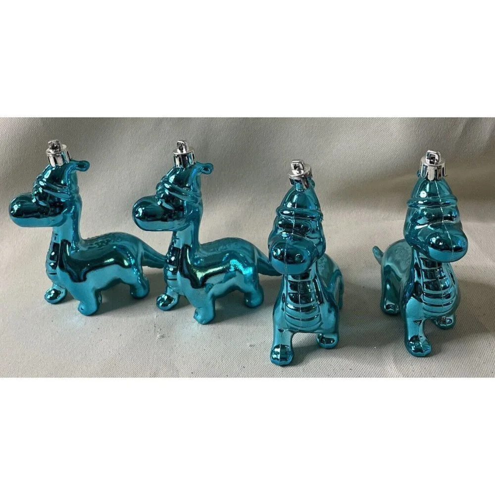 Tyrannosaurus Rex Dinosaur Neon Blue Christmas Holiday Ornaments NEW Set Of 4